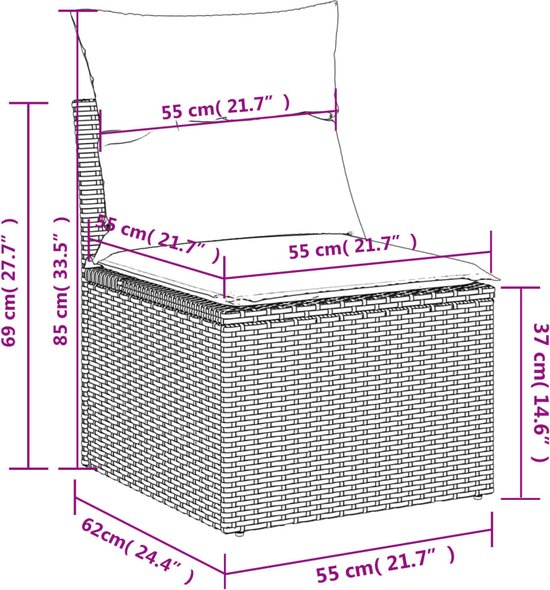 Dimensions d'un fauteuil de jardin gris avec coussin : 55 cm de large, 55 cm de profondeur, 69 cm de haut. Assise 55 cm de profondeur, 37 cm de haut.