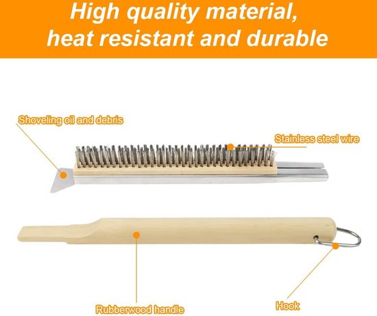 Houten Pizzaovenborstel Met Schraper – Roestvrijstalen Schraper, Messing Borstelharen, 53 Cm, Voor Pizzasteen, Grill En Oven – Binnen En Buiten
