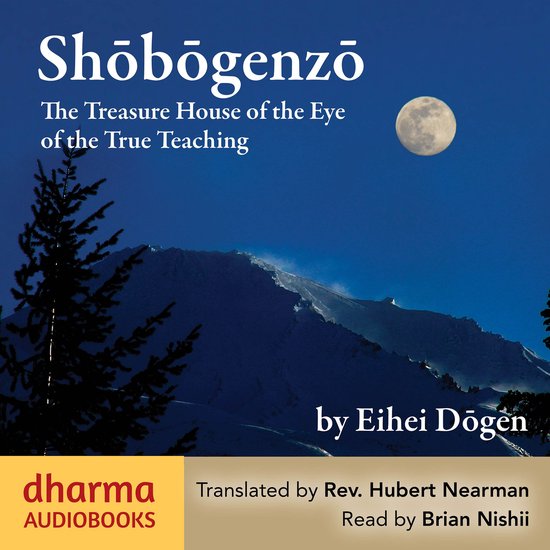 Boekomslag met de titel 'Shōbōgenzō', een berglandschap bij nacht en de tekst 'dharma AUDIOBOOKS'.