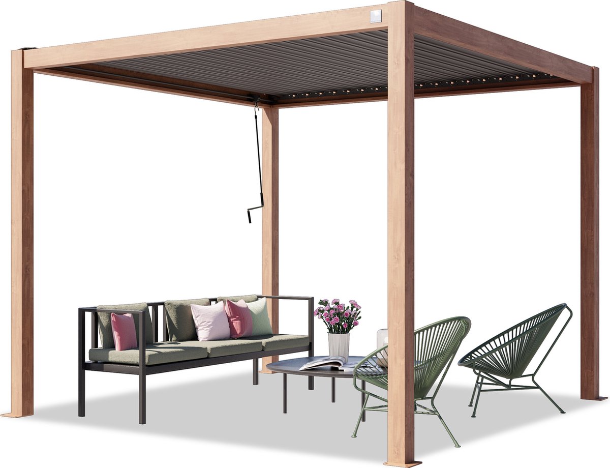 PRIMEYARD Pergola 3x3 m staanders van aluminium in houtoptiek met stalen lamellendak paviljoen