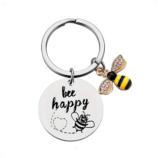 Bee Happy Sleutelhanger - Zilveren finish - Diameter 3 cm - Duurzaam Metaal - Elegante Bijenbedel met Details en Steentjes - Gegraveerde Inspirerende Boodschap ‘Bee Happy’ - Perfect als Cadeau - Makkelijke Bevestiging aan Sleutels of Tas