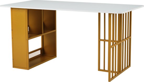 Merax Eettafel met Opbergruimte - Luxe Eetkamer Tafel met Metalen Poten - Rechthoekige Keukentafel - Wit met Goud