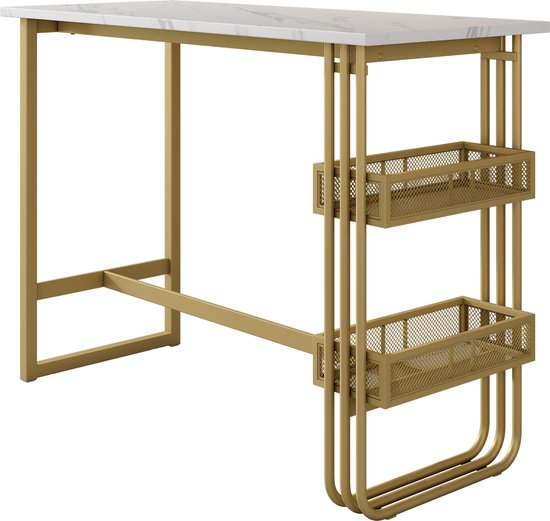 Merax Moderne Rechthoekige Bartafel met Opbergruimte - Luxe Eettafel Bar 120*48 cm Tafel met Verstelbare Metalen Poten - Wit met Goud