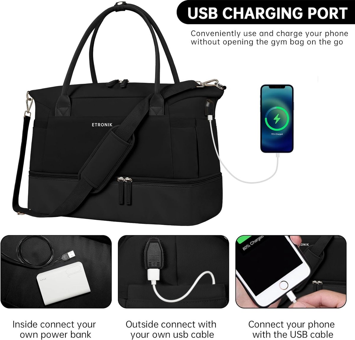 Sac De Sport Femme Avec Poche Chaussures Et Humide - Grand Compartiment Week-End, Yoga, Fitness - Noir