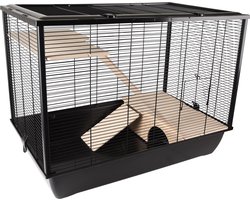 Hamsterkooi – Flamingo Elsa – caviakooi & dwergkonijnenkooi – grote knaagdierenkooi met platforms, loopplanken en schuilplaats – metaal zwart & hout naturel – 77x47x60 cm – Europese kwaliteit