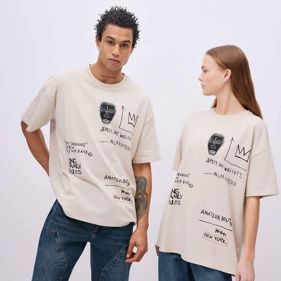 Jean Michel Basquiat Unisex Oversize Fit Crew Hals Rugbedrukking Korte Mouw Beige T-shirt (XL)