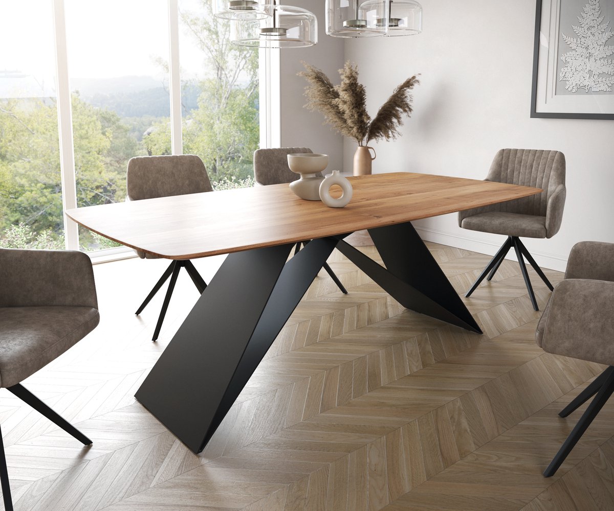 Eetkamertafel Edge Boot acacia natuur 200x100 V-frame staal zwart Zwitserse rand