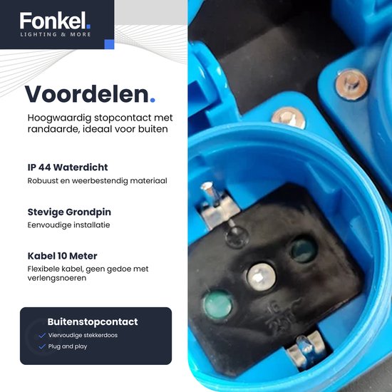 FONKEL® Prises extérieures étanches avec piquet de terre IP44 Zwart - Prise de jardin avec câble de 10 m - Prise extérieure - Prise de jardin 4 voies - Prise de jardin double prise