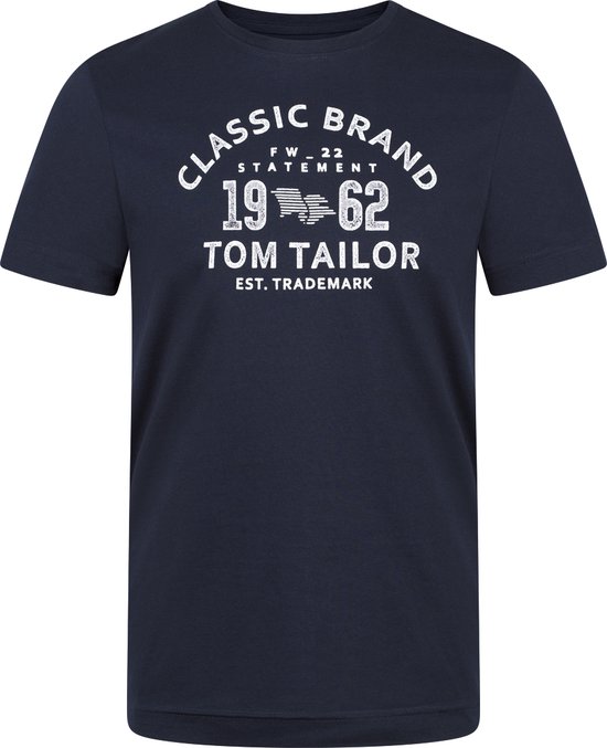 Donkerblauw T-shirt met tekstprint 'CLASSIC BRAND FW 22 STATEMENT 19 62 TOM TAILOR EST. TRADEMARK'.