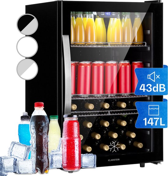 Klarstein Beersafe 5XL Drankenkoelkast 147L Bierkoelkast Minibar Stil RVS Glazen Deur LED Verlichting