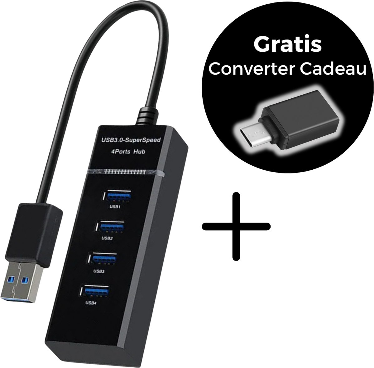 USB Hub 4 poorten + Gratis Converter - Razendsnel & Gecertificeerd - USB Hub / USB Splitter - WiseQ