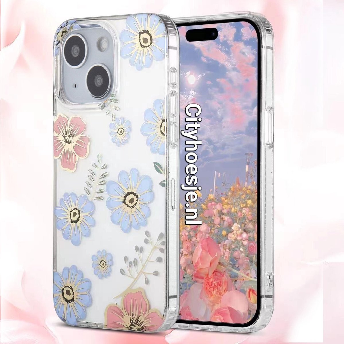 Sino Tech – iPhone 15 – Backcover hoesje – Transparant – Bloemen - Bloemen Blauw Rood