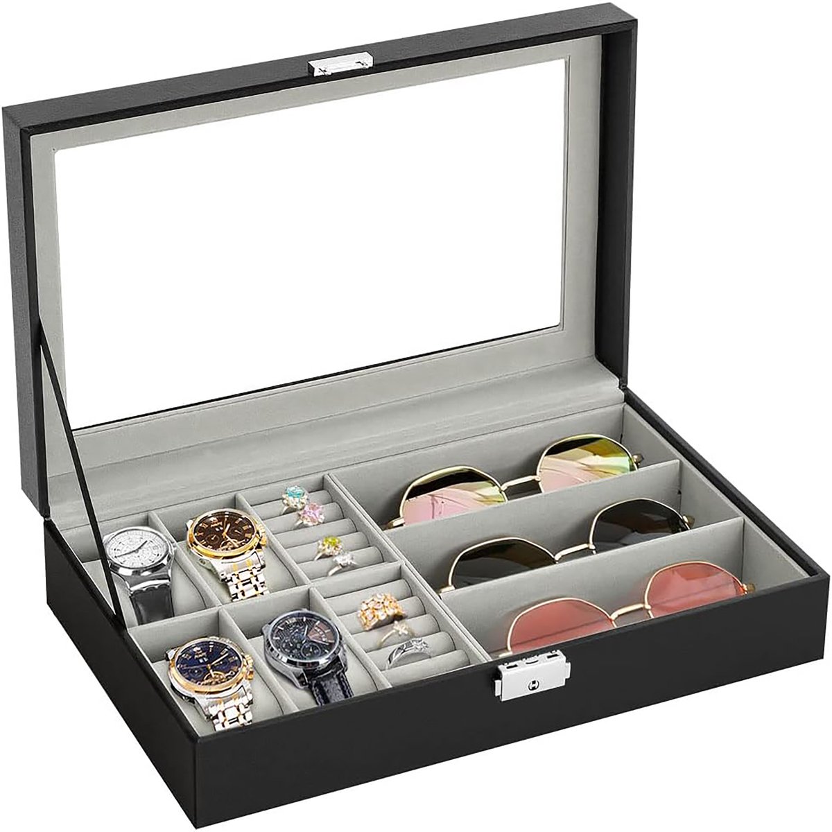YONO Opbergbox voor Horloges - Brillen - Sieraden - Horloge Box - Zonnebrillen Doos - Organizer - Zwart