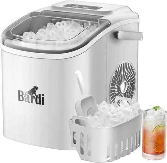 Witte Bardi ijsblokjesmachine met ijsschep, bakje vol ijsblokjes en glas met ijsdrank.