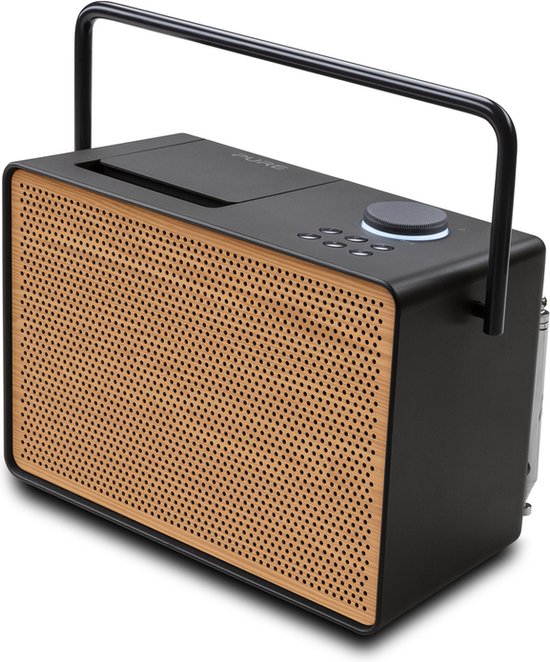 Pure Evoke Play - Wood Edition, système de musique polyvalent en noir café avec grille en bois de cerisier