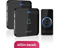 foto van AVANTEK Draadloze deurbel 400 m bereik, IP55, waterdicht, huisdeurbel met 2 plug-in-ontvangers, zwart