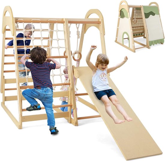 Klimboog Hout - Pikler Driehoek - Klimrek - Speeltoestel Buiten - Rekstok - Kinderspeelgoed 2 Jaar en Ouder - Speeltoestel
