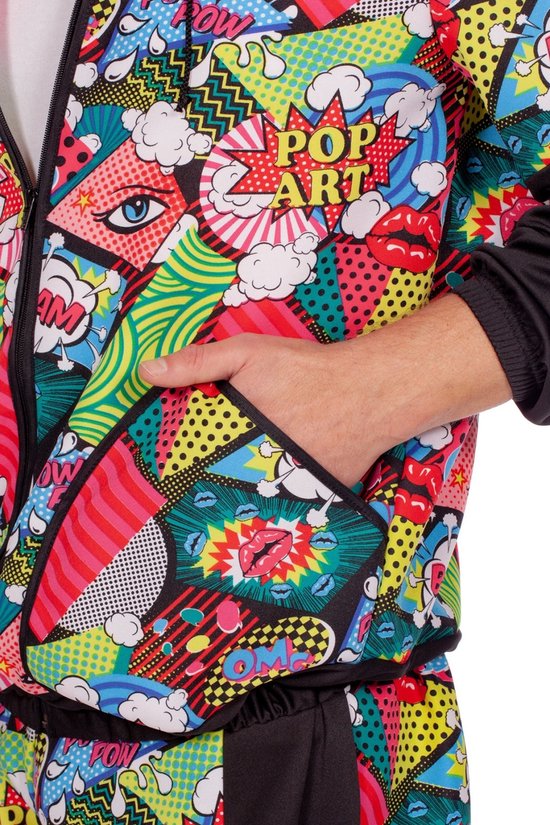 Close-up van de zak van een pop-art trainingsjas. Felgekleurde print met stripboekstijl.