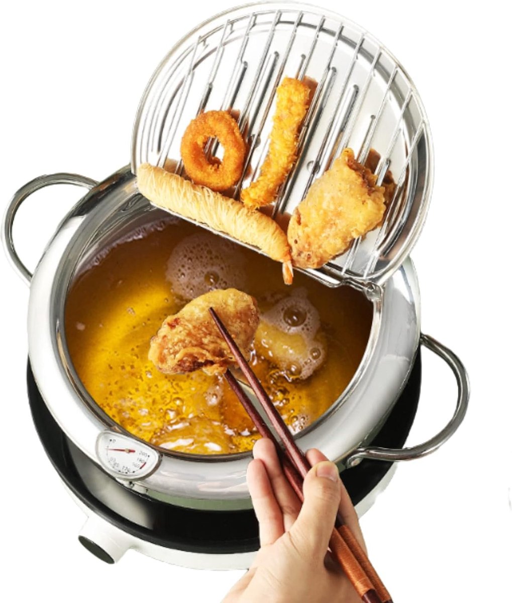 Japanse stijl diepe braadpan 95 inch roestvrij staal met thermometer en deksel frituurpan mini-friteuse compatibel met inductiekookplaten (groot formaat 24 cm)