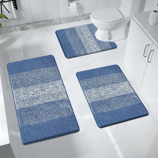 3-delige Microfiber badmat set - antislip badtapijten - wasbaar en absorberend - blauw Badmat