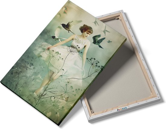 Tableau Artaza : Femme en robe Witte entourée Vogels – 80 x 120 cm – Groot – Photo sur toile – Impression sur toile