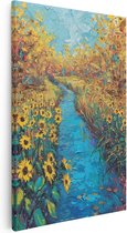Peinture à l'huile sur toile Artaza : Ruisseau et tournesols – 40 x 60 cm – Décoration murale – Photo sur toile – Impression sur toile