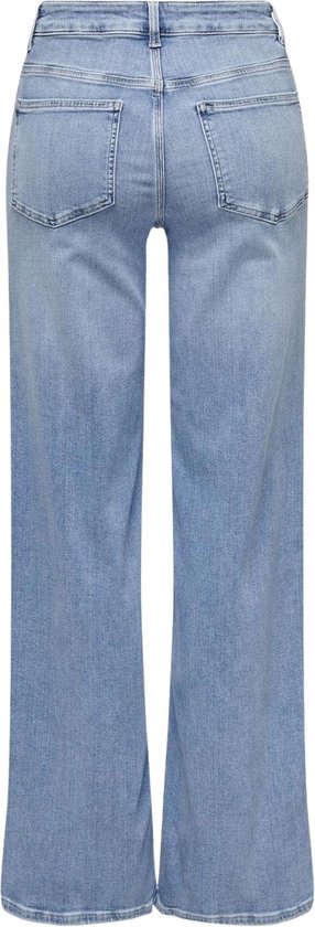 Achterkant van lichtblauwe wijde jeans met hoge taille.