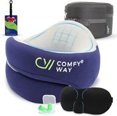 COMFY WAY® - Oreiller cervical - Support à 360 degrés Oreiller de voyage de Luxe pour avion et voiture - mousse à memory de forme avec masque de sommeil et bouchons d'oreilles - Blauw