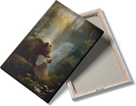 Une peinture d'un ours et d'une fille dans une forêt avec une cascade. Le dos de la toile est visible.