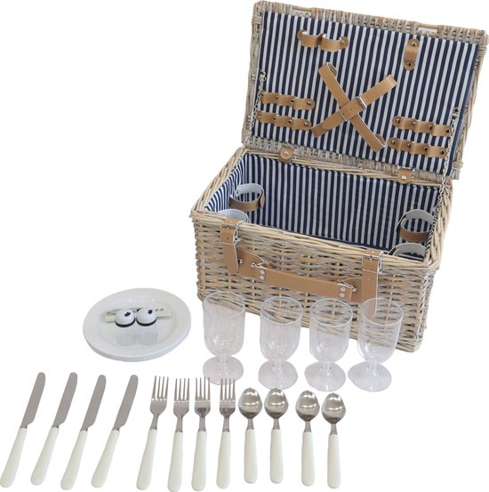 Panier pique-nique Lumparland avec contenu pour 4 personnes 42x28x20 cm blanc naturel et bleu casa.pro