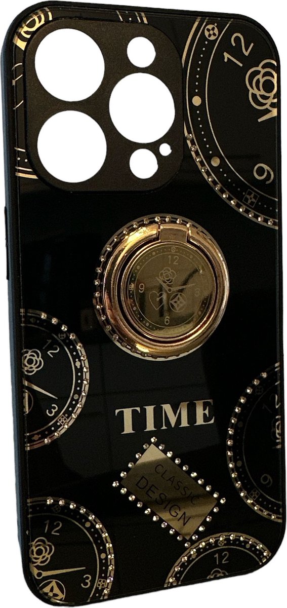 Schattig Klokontwerp met steentjes - Achterkant Hoesje Geschikt voor: iPhone 12 Pro - Vrouwelijk Ringhoesje - Zwart
