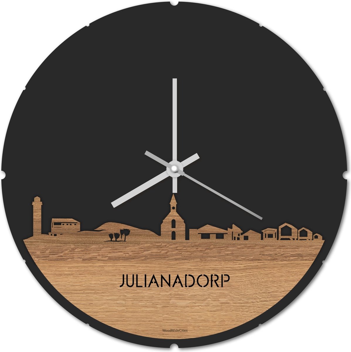 Skyline Klok Rond Julianadorp Eikenhout - Ø 44 cm - Stil uurwerk - Wanddecoratie - Meer steden beschikbaar - Woonkamer idee - Woondecoratie - City Art - Steden kunst - Cadeau voor hem - Cadeau voor haar - Jubileum - Trouwerij - Housewarming -