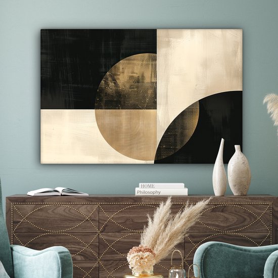 Peinture sur toile 120x80 cm - Décoration murale Abstrait - Formes géométriques - Zwart - Or - Décoration murale salon - Décoration chambre moderne - Tableaux abstraits