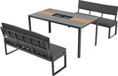 Merax Set aus Aluminium-Esstisch und Stühlen, sechs Sitzplätze, großes Fassungsvermögen, mit abnehmbaren und waschbaren Rücken- und Sitzkissen, Tisch aus Kunststoff mit Holzmaserung, grau