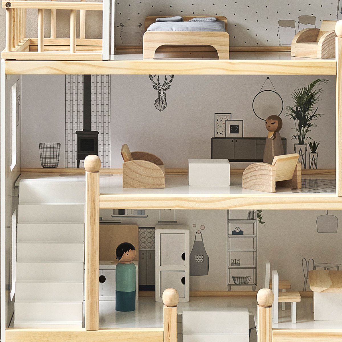 Petite Amélie Houten Poppenhuis - Zwart, grijs en wit - H.80 cm - Incl. 19 Poppenhuis Meubels – Voor een moderne speelwereld vol avonturen — afbeelding 14