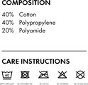 Samenstelling: 40% katoen, 40% polypropyleen, 20% polyamide. Wasinstructies.