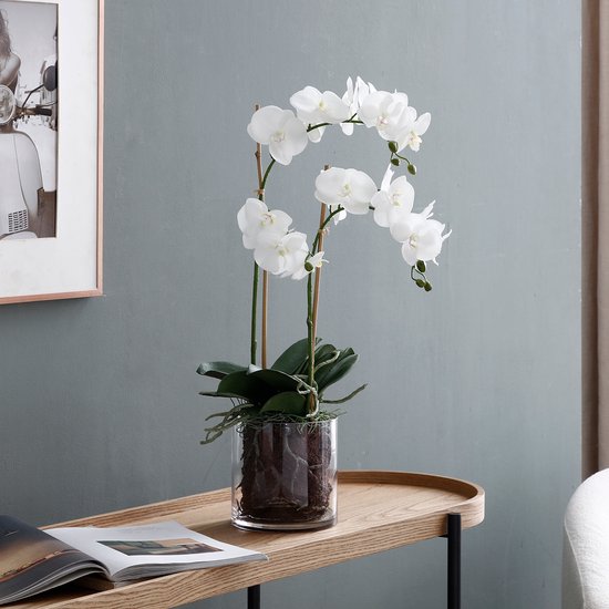 Kunstmatig orchideeën arrangement met transparante witte vaas H60