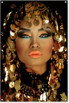 Tuinposter - Tuindoek - Tuinposters buiten - Vrouw - Cleopatra - Goud - Sieraden - Make up - Luxe - 80x120 cm - Tuin