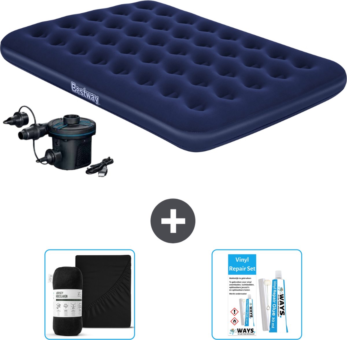 Bestway luchtbed - Twijfelaar - 137 x 191 x 22 cm - Blauw - Inclusief pomp - Hoeslaken en Reparatieset