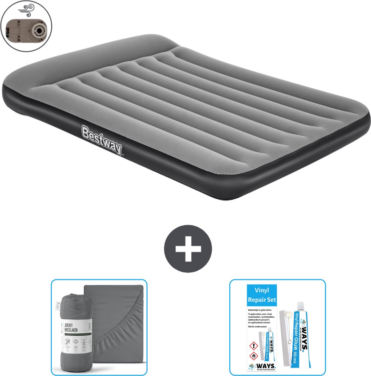 Bestway luchtbed - Twijfelaar - 137 x 191 x 30 cm - Grijs - Inclusief pomp - Hoeslaken en Reparatieset