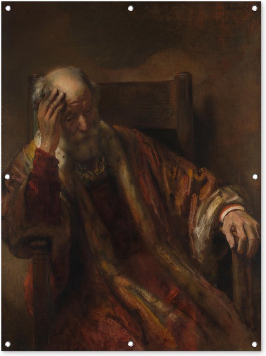 Tuinposter - Tuindoek - Tuinposters buiten - Oude man in een leuningstoel - Rembrandt van Rijn - 90x120 cm - Tuin