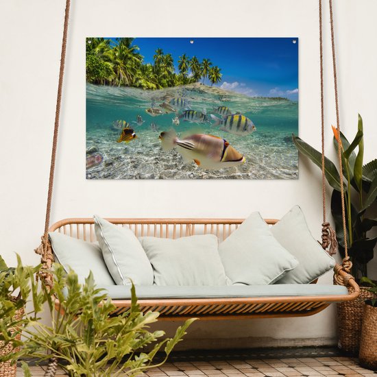 Tuinposter 120x80 cm - Tuindecoratie Strand - Vissen - Tropisch - Poster voor in de tuin - Buiten decoratie - Schutting tuinschilderij - Tuindoek muurdecoratie - Wanddecoratie balkondoek