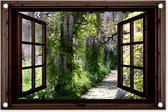 Tuinposter doorkijk - Donkerbruin raam - Tuindecoratie blauwe regen - 60x40 cm - Tuinschilderij voor buiten - Tuindoek - Wanddecoratie tuin - Schuttingdoek - Balkon decoratie groen - Muurdecoratie - Buitenschilderij