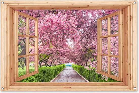Een schilderij op witte achtergrond, met een open houten raam dat uitkijkt op een tuin met bloeiende roze kersenbloesems.