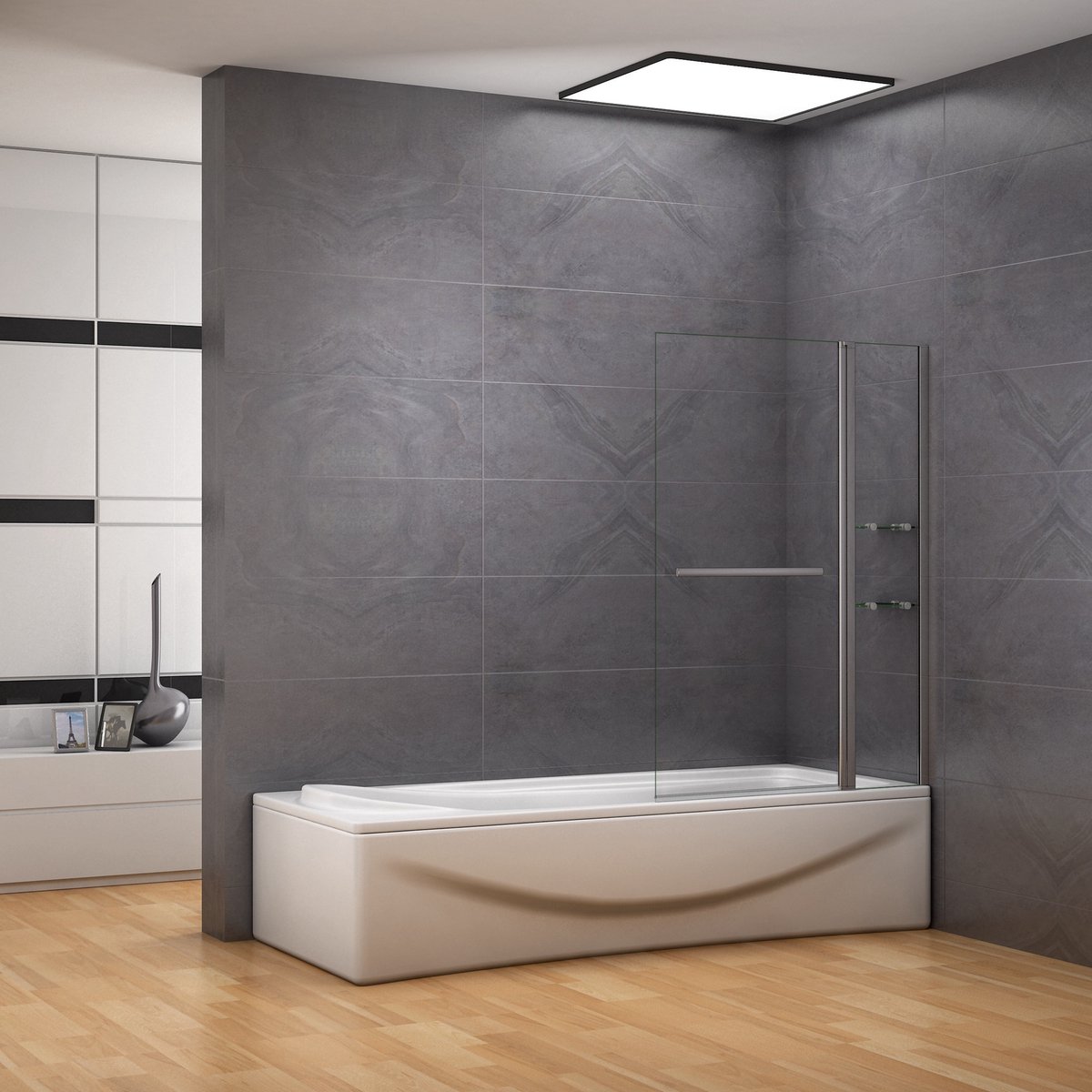 100x140cm 2-delig badwand, 5mm helder veiligheidsglas,inclusief handdoekenrek en hoekplanken