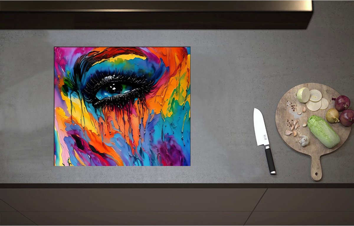 Inductieplaat Beschermer - Acrylverf Schilderij van Deel van Regenboogkleurig Gezicht - 58x51 cm - 2 mm Dik - Inductie Beschermer - Bescherming Inductiekookplaat - Kookplaat Beschermer van Zwart Vinyl