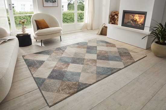 Flycarpets Terrain Vloerkleed - Beige / Blauw - Laagpolig Woonkamer Tapijt - 80x200 cm