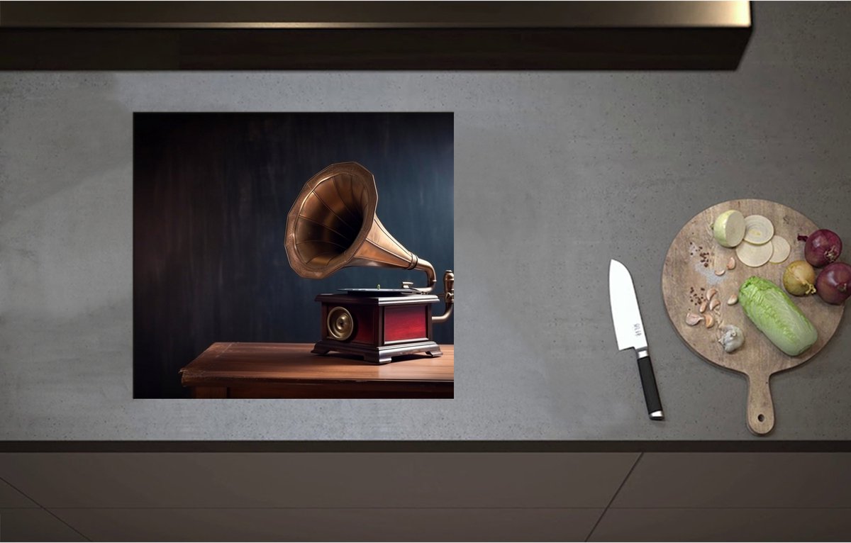 Inductieplaat Beschermer - Antieke Grammofoon op Kast - 57x51 cm - 2 mm Dik - Inductie Beschermer - Bescherming Inductiekookplaat - Kookplaat Beschermer van Zwart Vinyl