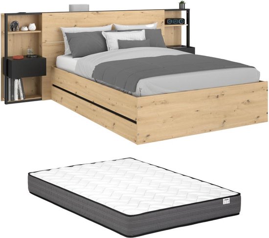 Bed met opbergruimte 140 x 190 cm met nachtkastjes - Kleur: houtlook en zwart + matras - LUDARO L 255.1 cm x H 102.6 cm x D 235.7 cm
