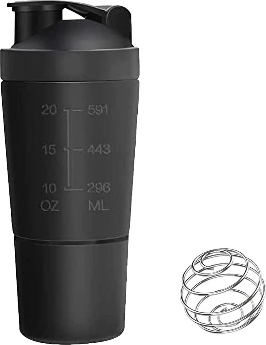 Roestvrijstalen proteïneshaker, 600 ml fitness proteïneshaker + 200 ml beker, shaker, eiwitshaker, beker met bal, voor eiwitten, dieet en fitness shake, zwart